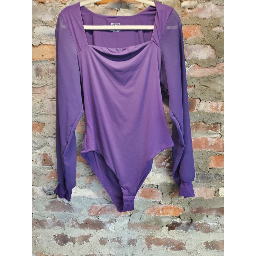 AVIDLOVE Womens Bodysuit XXL Purple Square Neck Long Sheer Mesh Sleeve Nylon